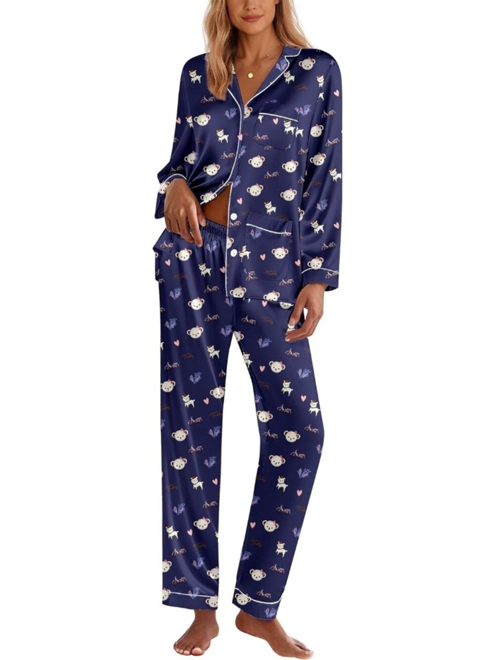 Women's Navy Soft Button Down Long Sleeve Sleepwear Pajama Set with Pocket
